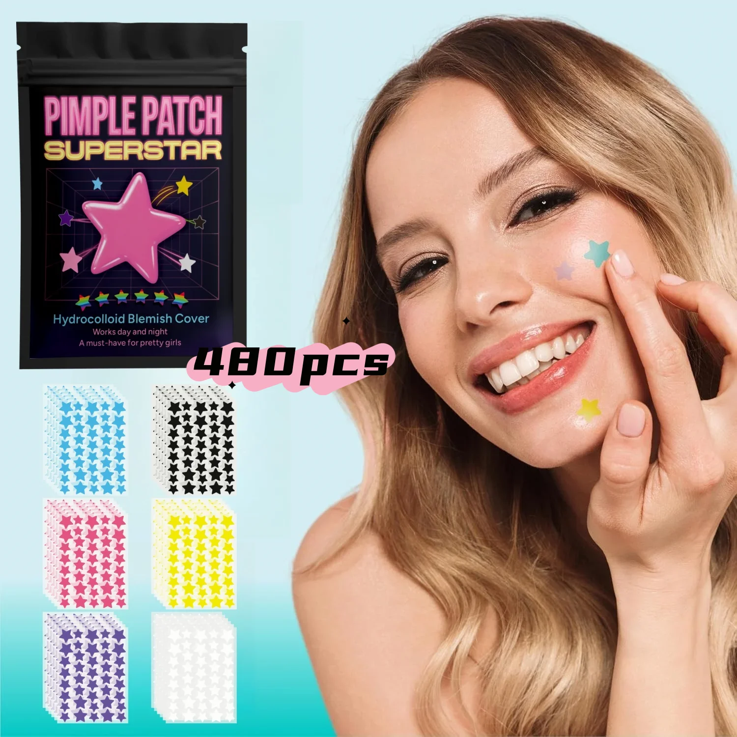 

480pcs of hot colorful star acne patches, facial acne patches, concealer acne patches&pimples patches, ultra-thin and breathable