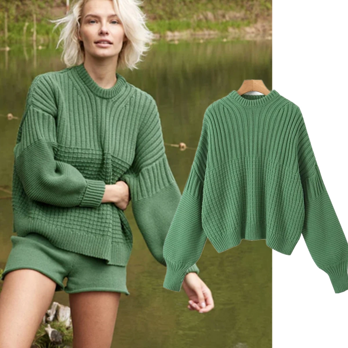 Withered Round Neck Green Basic Knitwear For Sweater Women Autumn Winter French Minimalist Fashion Elegant And Loose