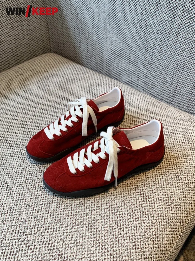 New Female Outdoor Running Shoes Real Suede Leather Jogging Shoes Low Cut Lace Up Women Antiskid Gym Fitness Training Sneakers