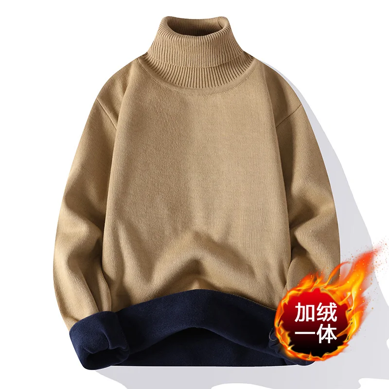 Men 2025 New Sweater Autumn Winter Knitted Turtleneck Thick Fleece Inside Solid Color Pullovers Men Casual Sweater Pullovers