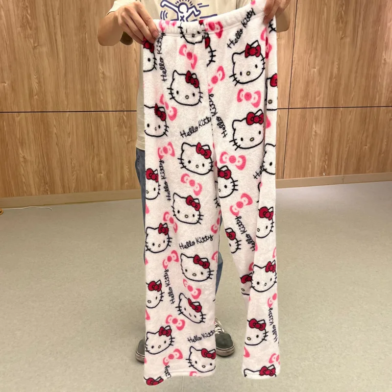 Y2k Sanrio Hello Kitty Pajamas Women Autumn Winter Flannel Sleepwear Fashion Black Pink Print Trouser Cartoon Cute Home Clothes