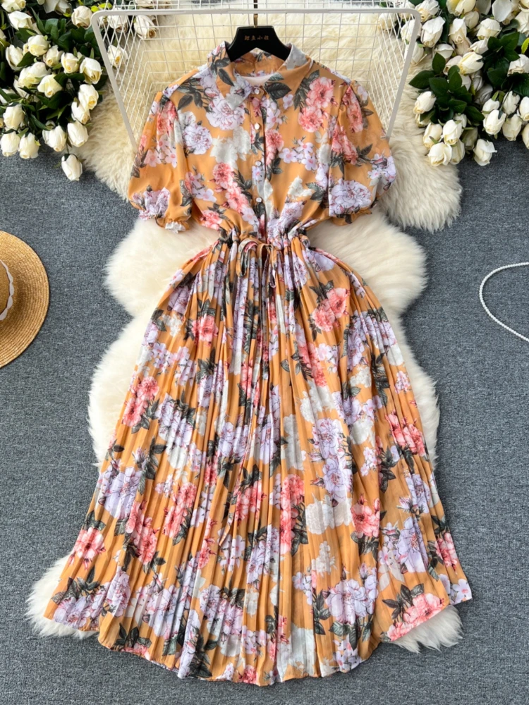 Frauen lässig Blumen Falten kleid Sommer Kurzarm Revers gedruckt lange Kleider Damen schlanke A-Linie Chiffon lange Robe Vestidos