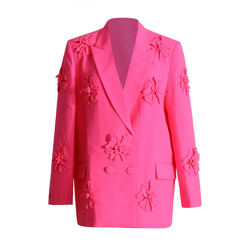 Chaqueta estereoscópica con apliques de flores para mujer, Blazer largo de doble botonadura, marca superior, 2024