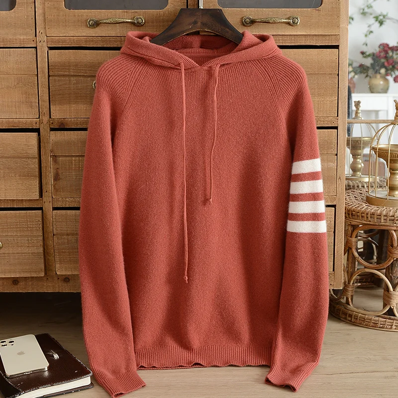 

Winter 100% pure cashmere sweater men's hooded thickened sweater with hat solid color pullover sweater sweater casual jacket top