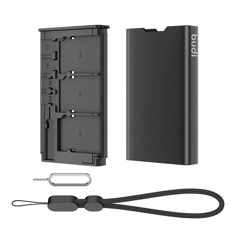 BUDI-Caixa de Cartão de Memória de Alumínio Portátil com Cordão, SD, TF, Cartão SIM Case, Suporte para 6 SD + 8 TF + 2 Cartões Nano