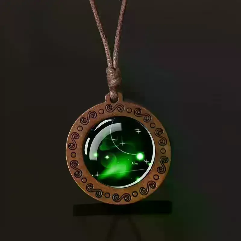 Wooden Glass Pendant Necklace Retro 12 Zodiac Design Non-Tarnish Adjustable Jewelry for Casual Wear Women Gift
