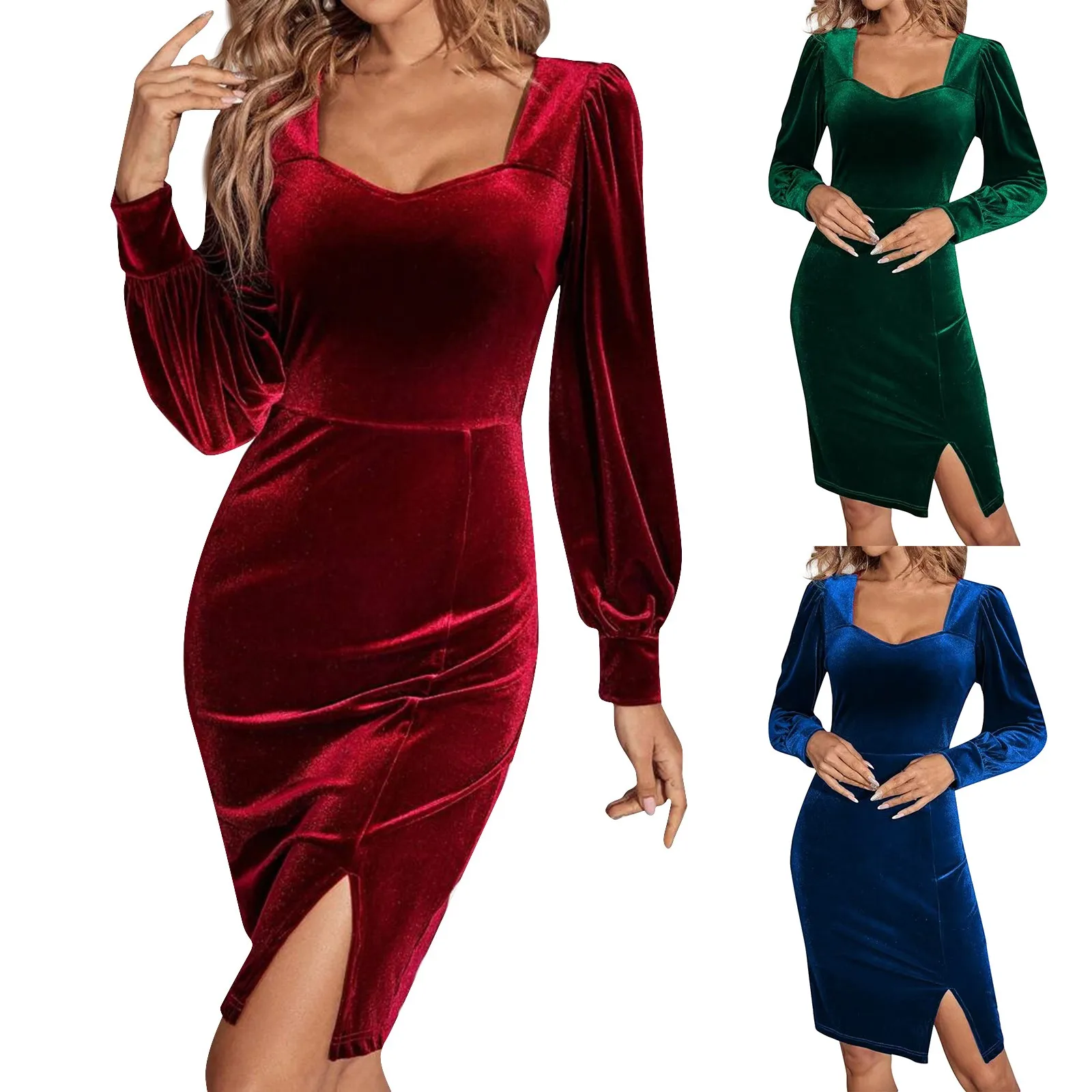 New Velvet Long Sleeved Dress For Women Elegant Square Neck Vestido Feminino Vestidos De Manga Larga Party Dresses