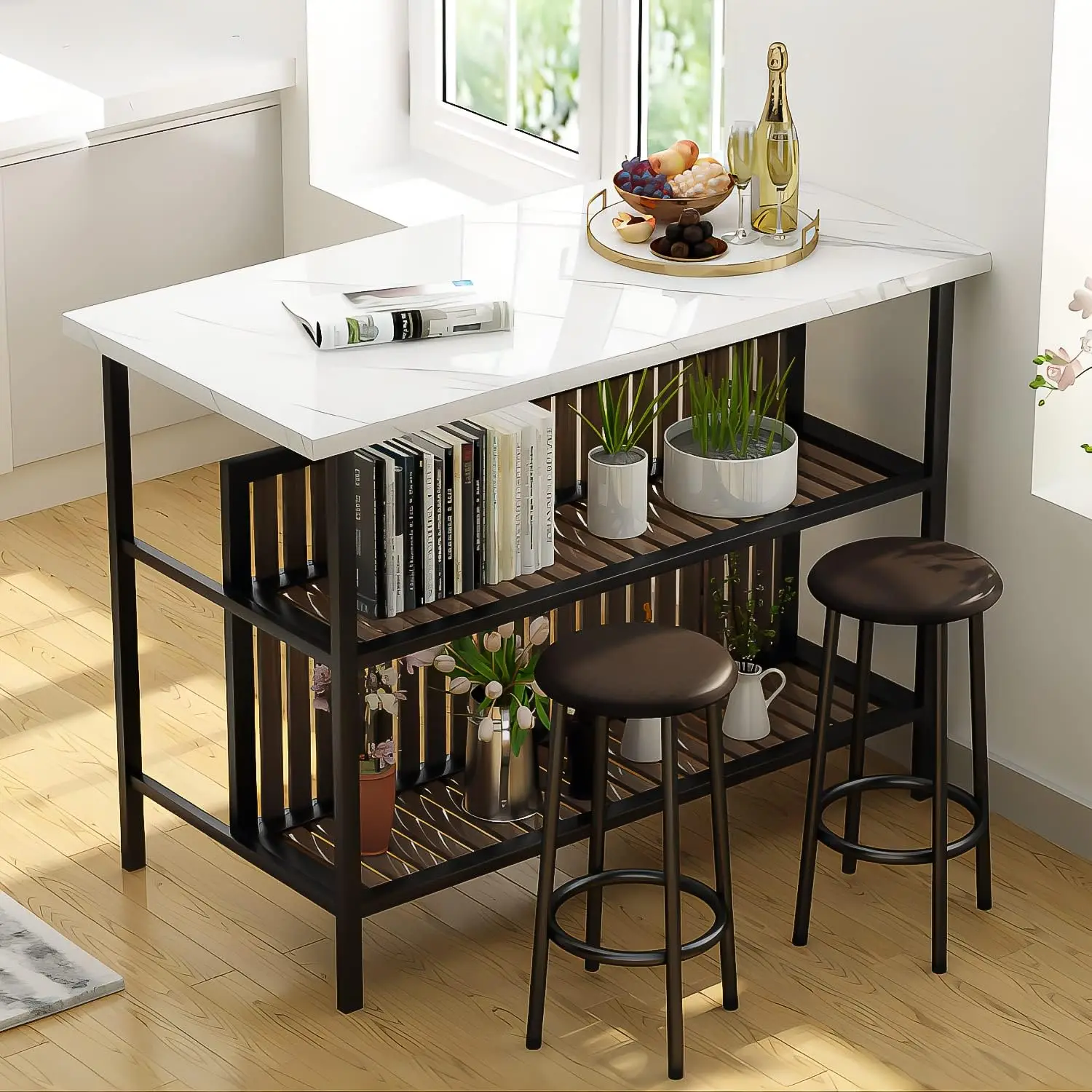 3 Piece Bar Table and Chairs Set, Industrial Bar Table Set with Storage Shelves,Marble Counter Height Table with 2 Bar S