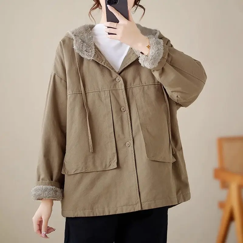 Winter Mid Length Hooded Plush Coat Thick Cotton Jacket For Women\'s Loose Fitting Large Size Casual Warmth Fleece Clothes Z3915