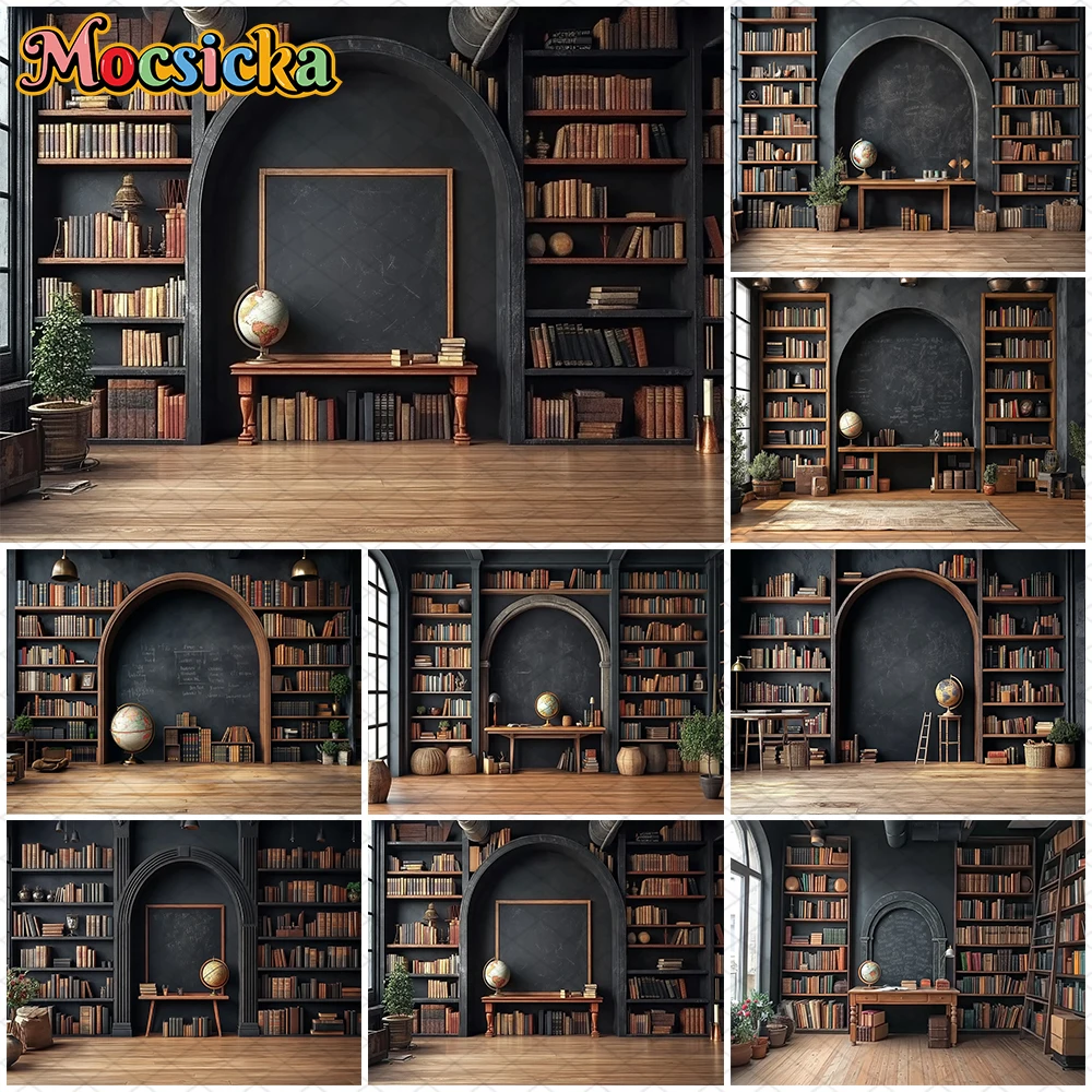 

Mocsicka Bookshelf Backdrops Photography Black Wall Blackboard Study Decors School Student Kids Adult Portrait Photo Backgrounds