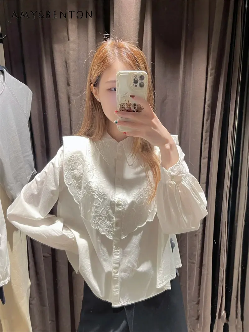 

Women's New Loose Tops Sweet Doll Collar Laminated Decoration Jacquard Long-Sleeved Shirt Spring Autumn White Blouse