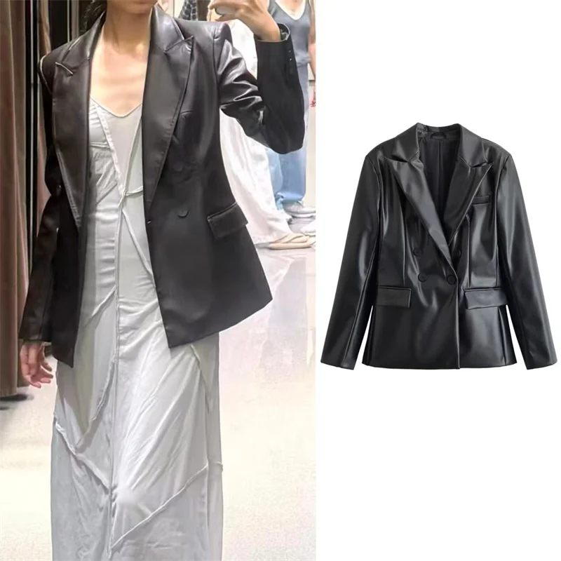 Guobioziy Women's Jacket 2026 Fall/Winter New Black Long-Sleeve Classic Simple Faux Leather Blazer Motorcycle Style
