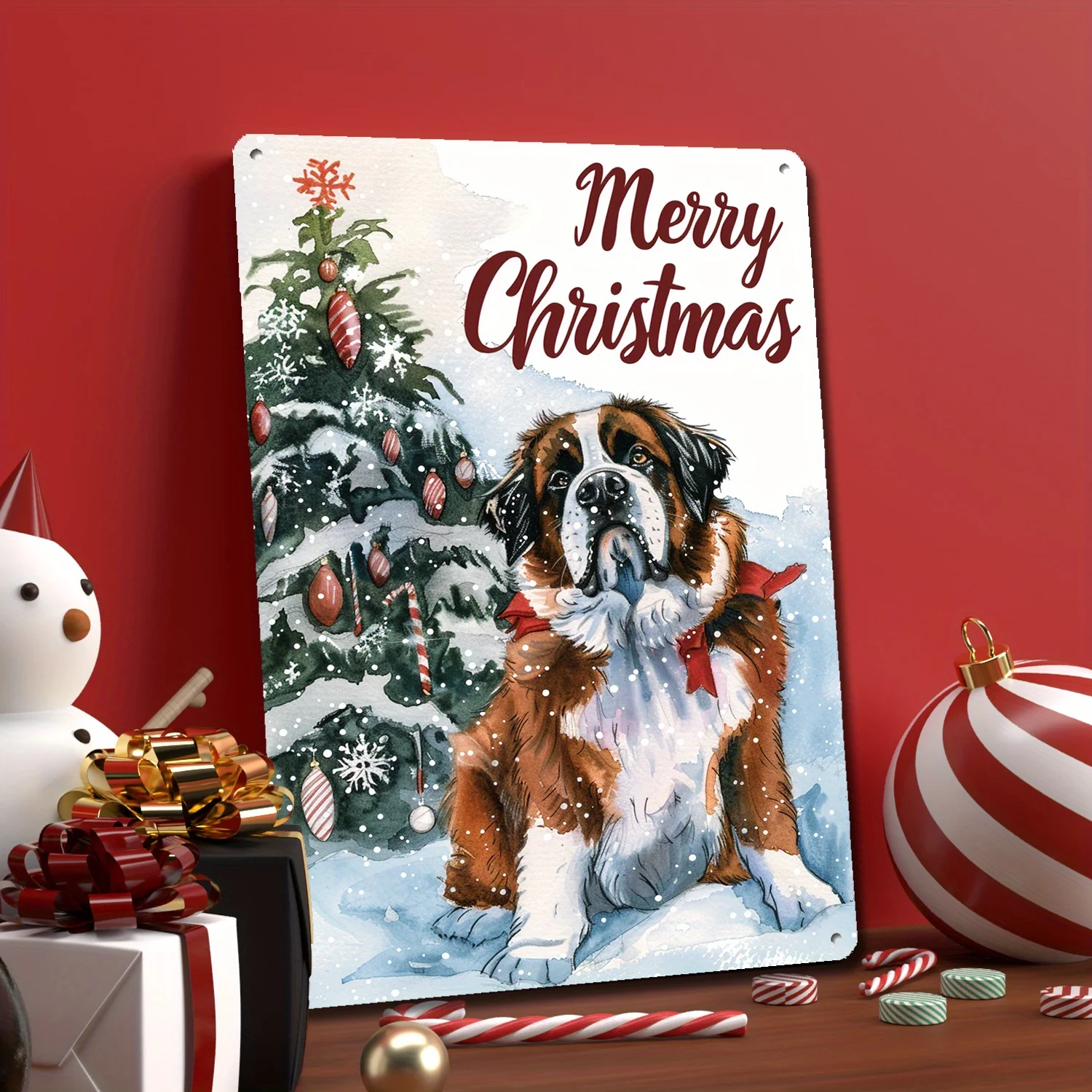 2D Flat 1pc 8x12 Inch(20cm X 30cm) Saint Bernard Large and Gentle Christmas Tin Sign Majestic Dog for Home and Holiday Cheer R