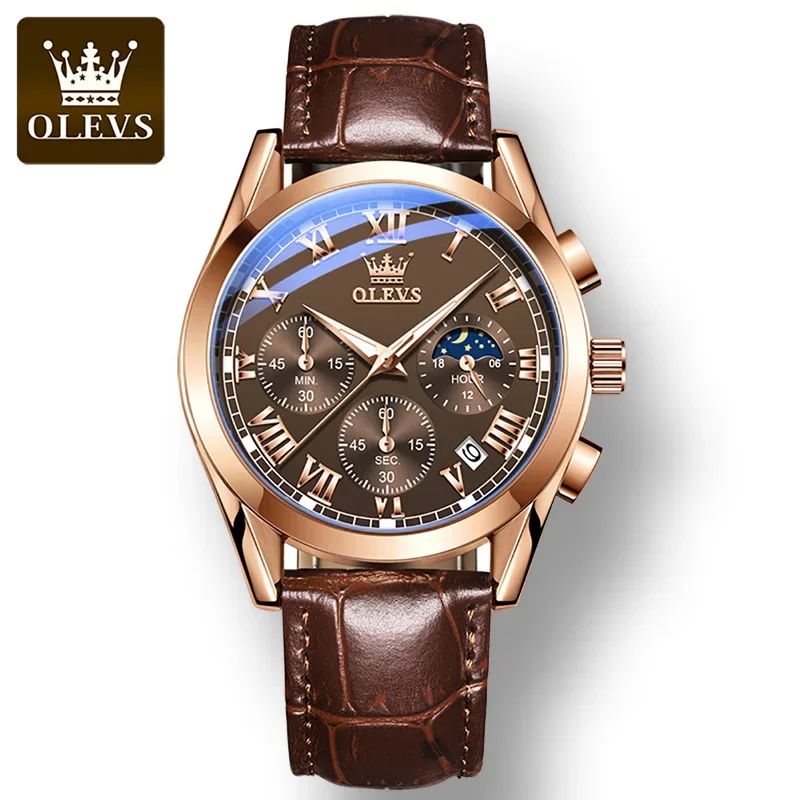 OLEVS 2871 Quartz Waterproof Men Wristwatch, Fashion Genuine Leather Strap Multifunctional Exquisite Watch For Men Luminous