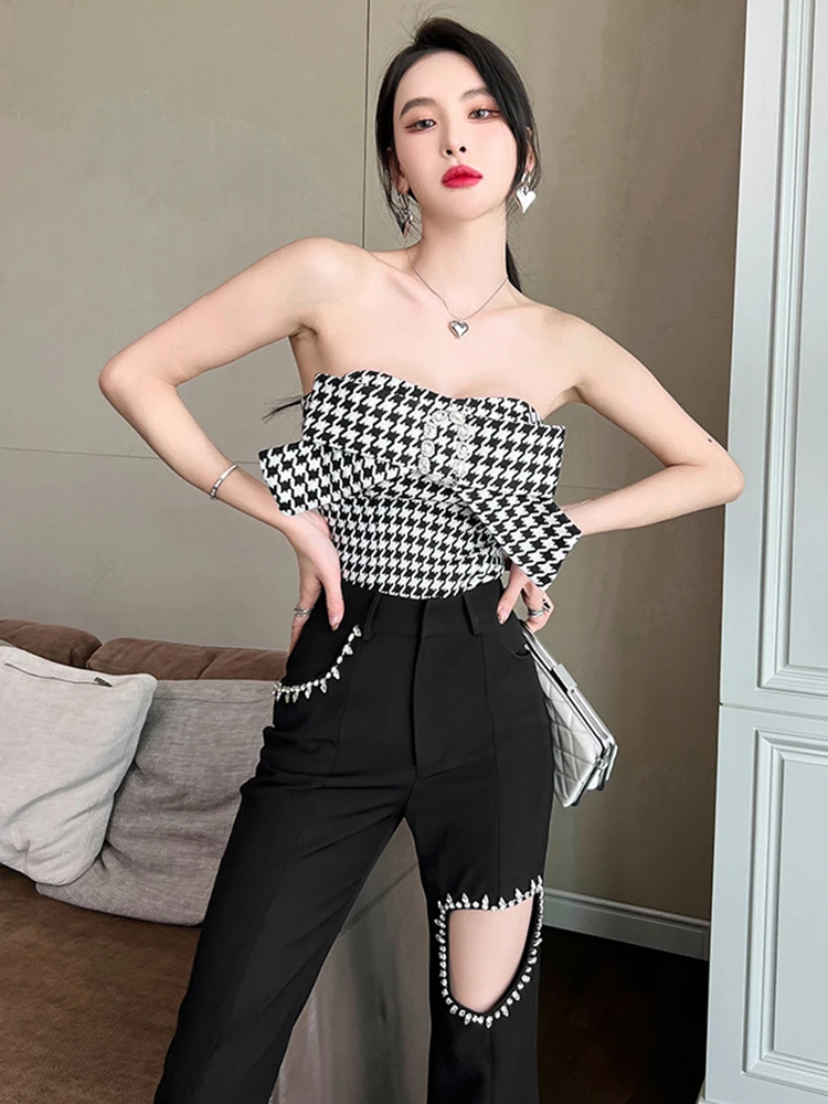 Spring Women's Sexy Fashion Houndstooth Tube Tops Off Shoulder Strapless Backless Bow Diamond Zipper Wrap Inner Match T-shirt