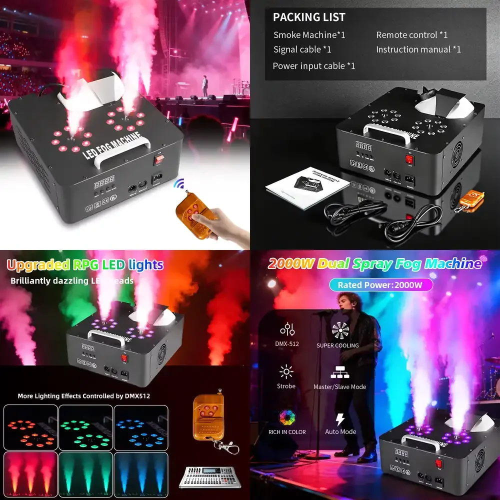 2000W Double-tube Adjustable Fog Machine DMX512 Smoke 3IN1 RGB LED Colorful Stage Spray DJ Wedding Christmas IP33 Ra90