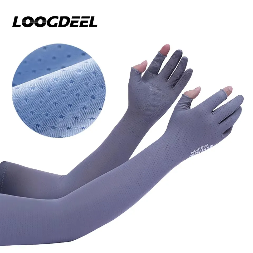 LOOGDEEL Breathable Exposed Double Finger Sleeves Men's and Women's Summer Outdoor Sports Ice Silk Sunscreen Full Arm Gloves
