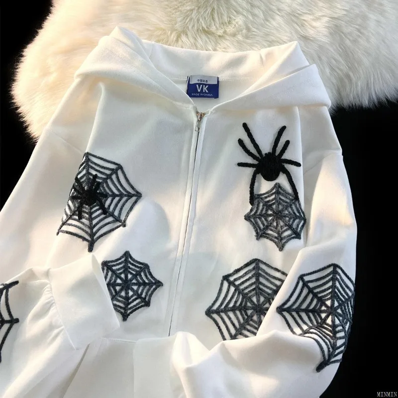 2024 American Retro Spider Web Thin Subculture Niche Fleece Hooded Cardigan Sweater Jacket For Women