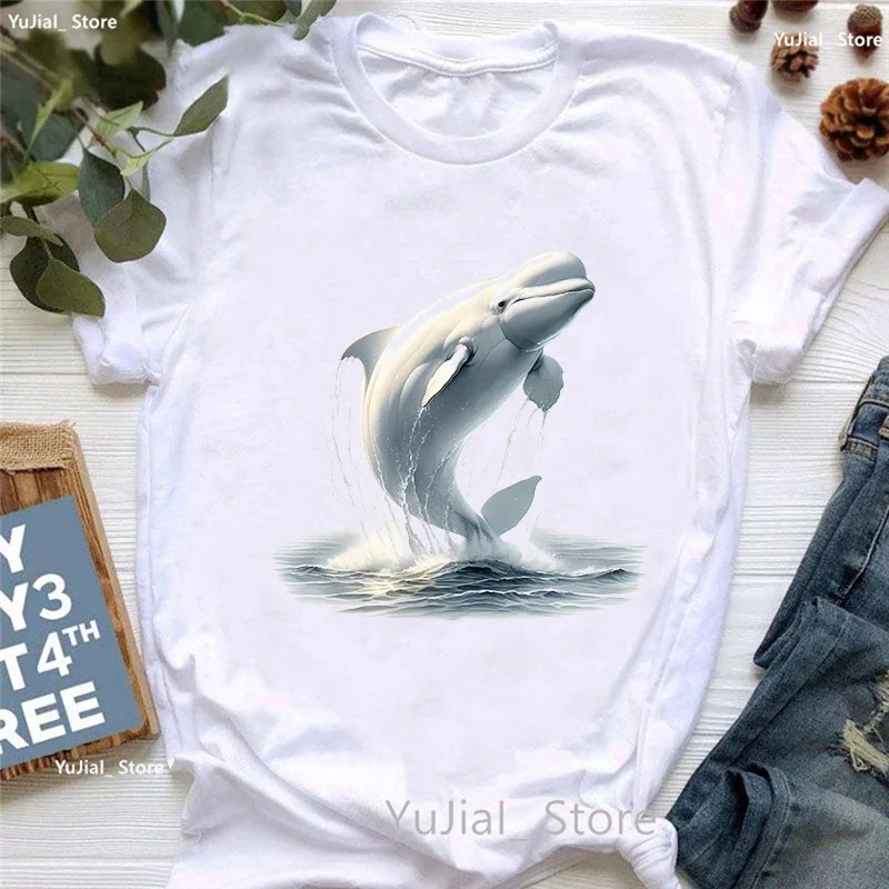 2024 Hot Sale Beluga Whale Print T Shirt Girls Summer Fashion T-Shirt Women Harajuku Kawaii Clothes Casual White T-Shirt