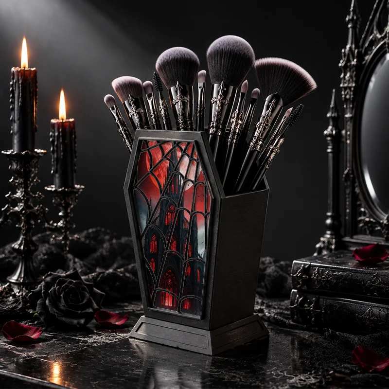 Gothic Coffin Shape Pen Holder Red Moon Castle Print Desktop Makeup Brush Storage Organizer Halloween Vanity Table Decor Station