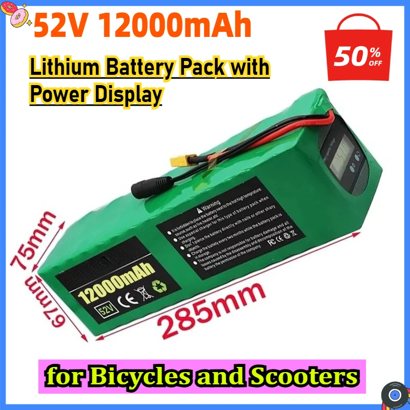 

52V 12000mAh 18650 Lithium Battery Pack with Power Display 16S4 High-Power Battery for Bicycles and Scooters