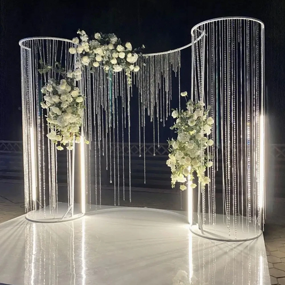 No light)curve shape metal acrylic bead backdrop Hollow Out  White Golden Metal Gate Door Stand Backdrop Wedding