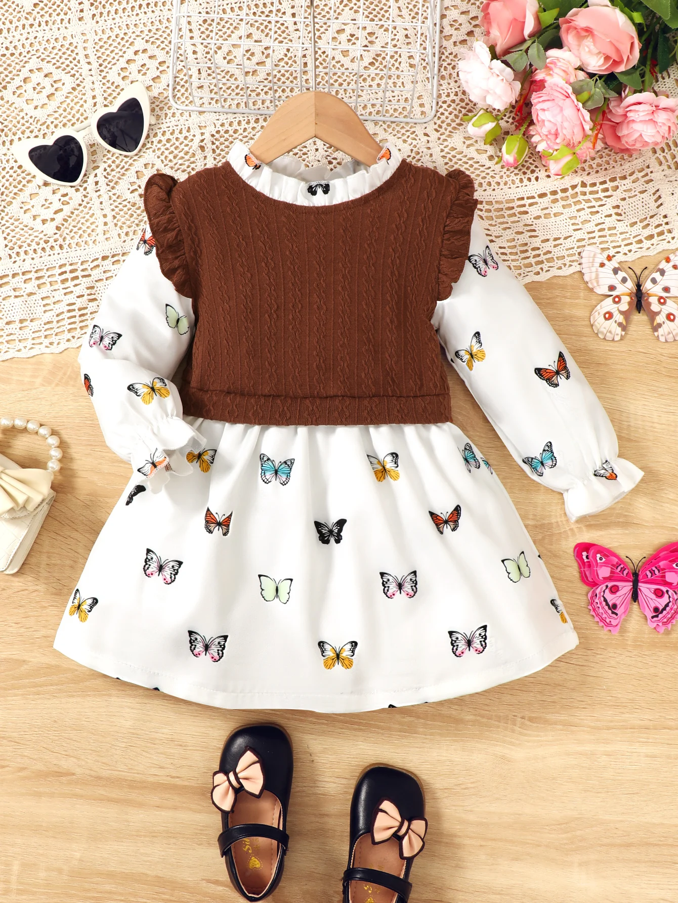 Girls' Cute Casual Dress, Butterfly Print Ruffled Princess Sleeve Long-Sleeve Dress