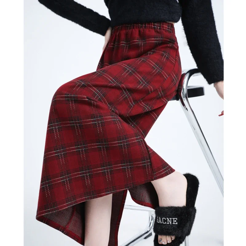 Vintage Split Plaid Woolen Skirt Women 2024 Autumn Winter New Casual Slim Fit Skirt Female Y2k High-waisted A-line Midi Skirt