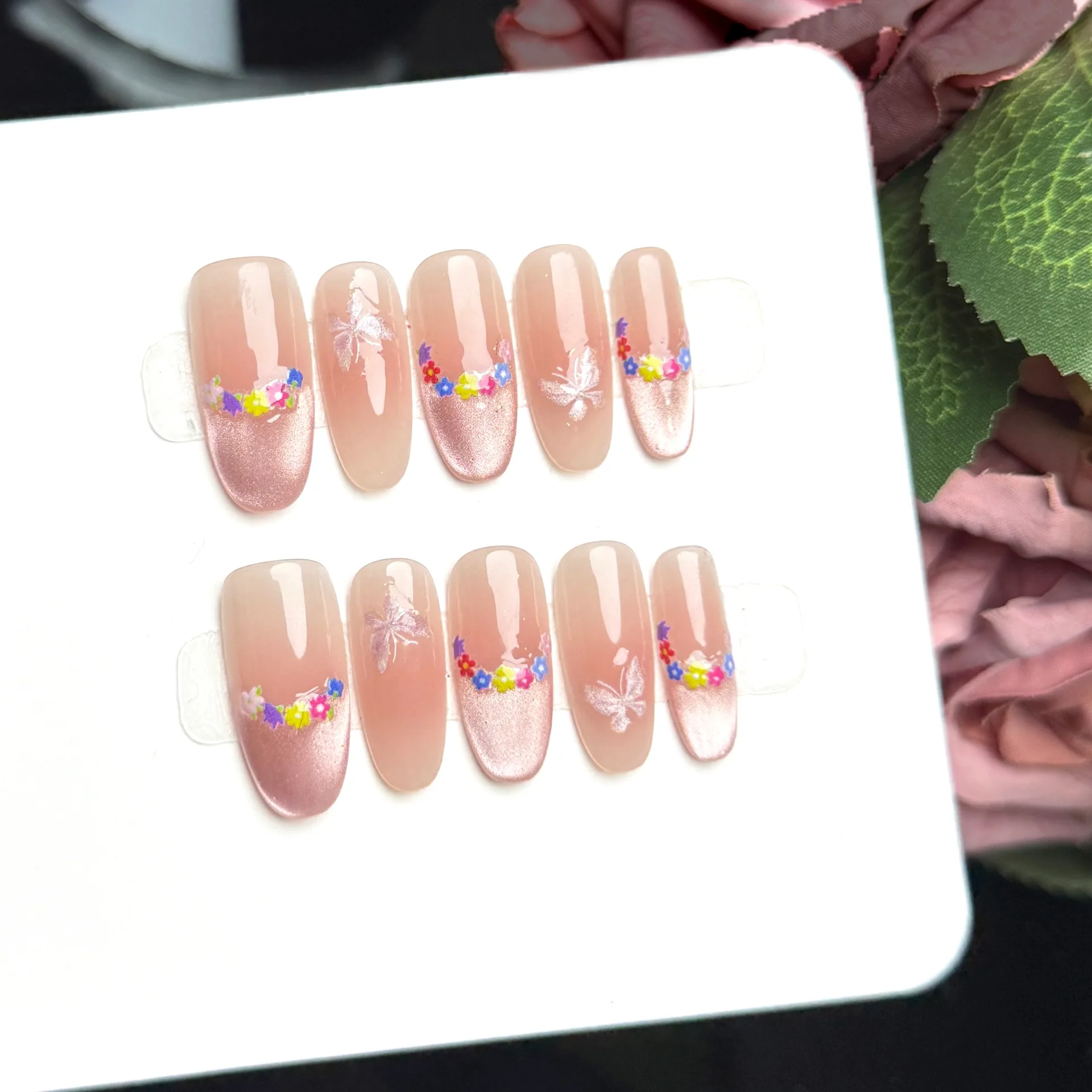 10pcs Handmade Oval Press On Nails Nude Pink Cat Eye French Flower Butterfly Design Sweet Cute Fake Nails Wearable Nails Art Tip