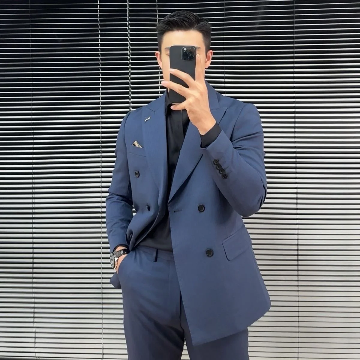 

216 High-grade striped suit groom wedding dress blue slim business double-breasted suit jacket