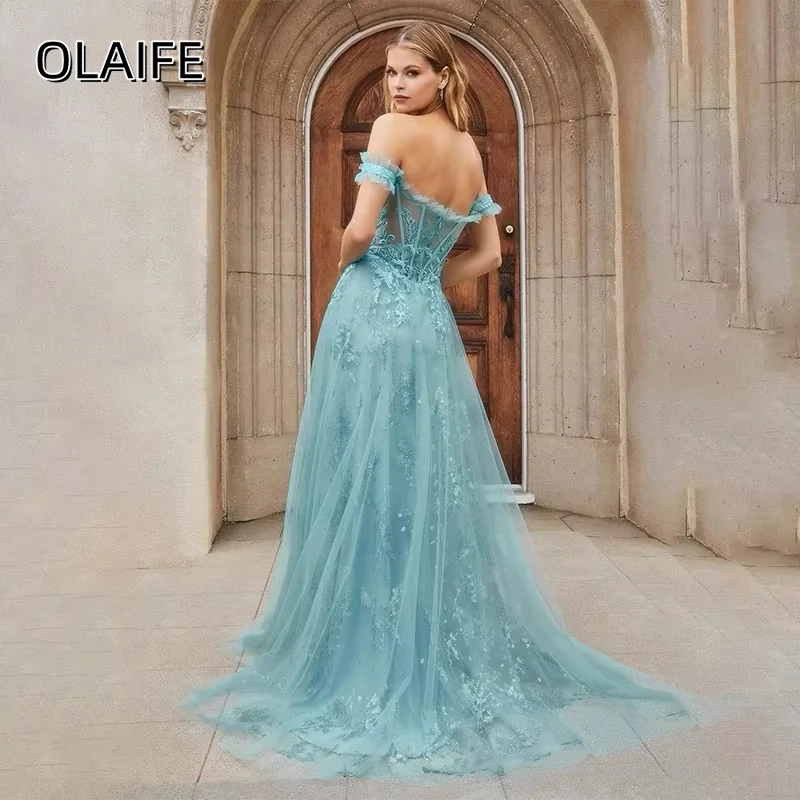 Olaife Off Shoulder A-line Prom Dresses for Women Lace Evening Dress Sweep Tulle Gown Robe Long Luxury robes de soirée