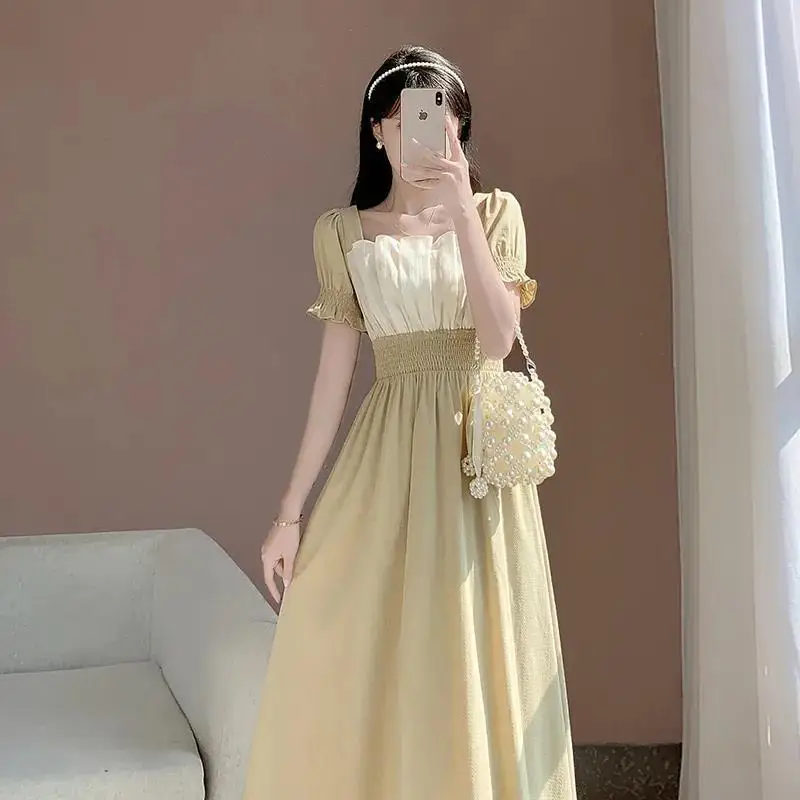 

Khaki Slim Waist Women's Dresses French Style Elegant Solid Color Pleated Fashion Female Dress Summer High Street