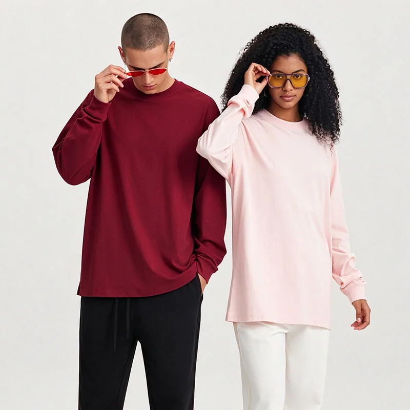 Custom Print Logo Fall 100% Cotton Unisex Long Sleeve Tee, Round Neck Loose Fit T-shirt Comfort Basic Top for Daily Street Style