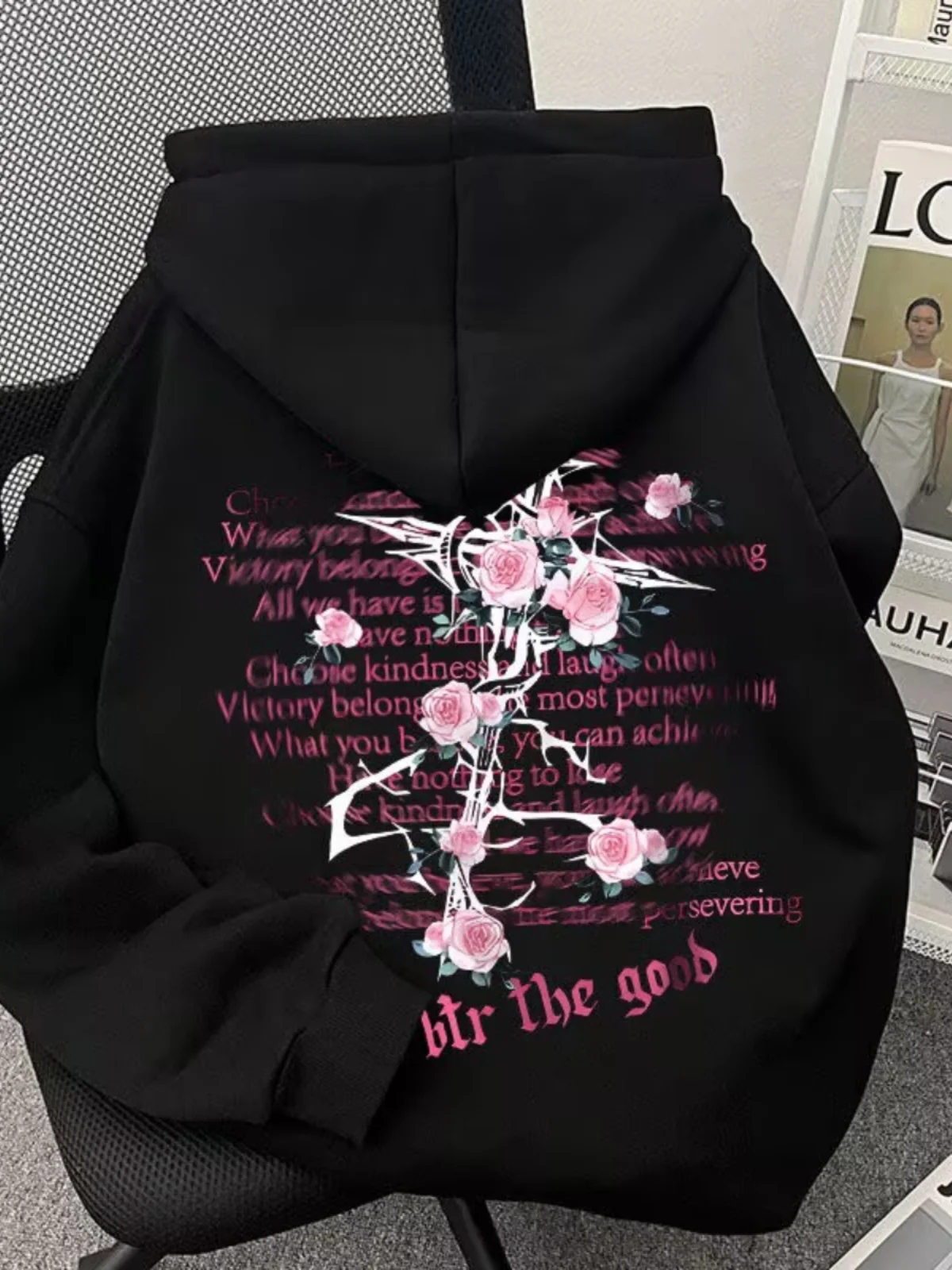 Neue trendige Rose Print Herbst Winter Fleece warme Kapuzenpullover lässig Erwachsene Männer Mode bequem vielseitig weich täglichen Gebrauch