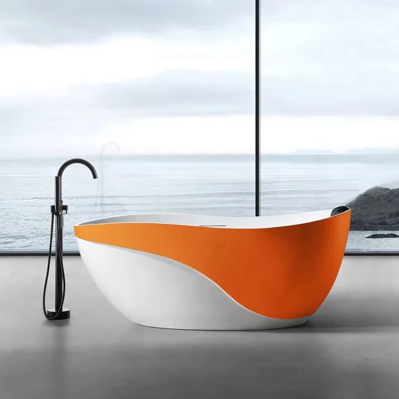 

Modern Unique Design Oval Japanese Soaking Bathtub for Adults Indoor Bathroom SPA Bath Tub Artificial Stone Freestanding Bathtub