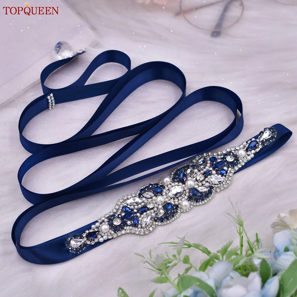 TOPQUEEN Women's Sash Wedding Belt Royal Blue Rhinestone Pearl Applique Bridal Belt Accessories S87-ML