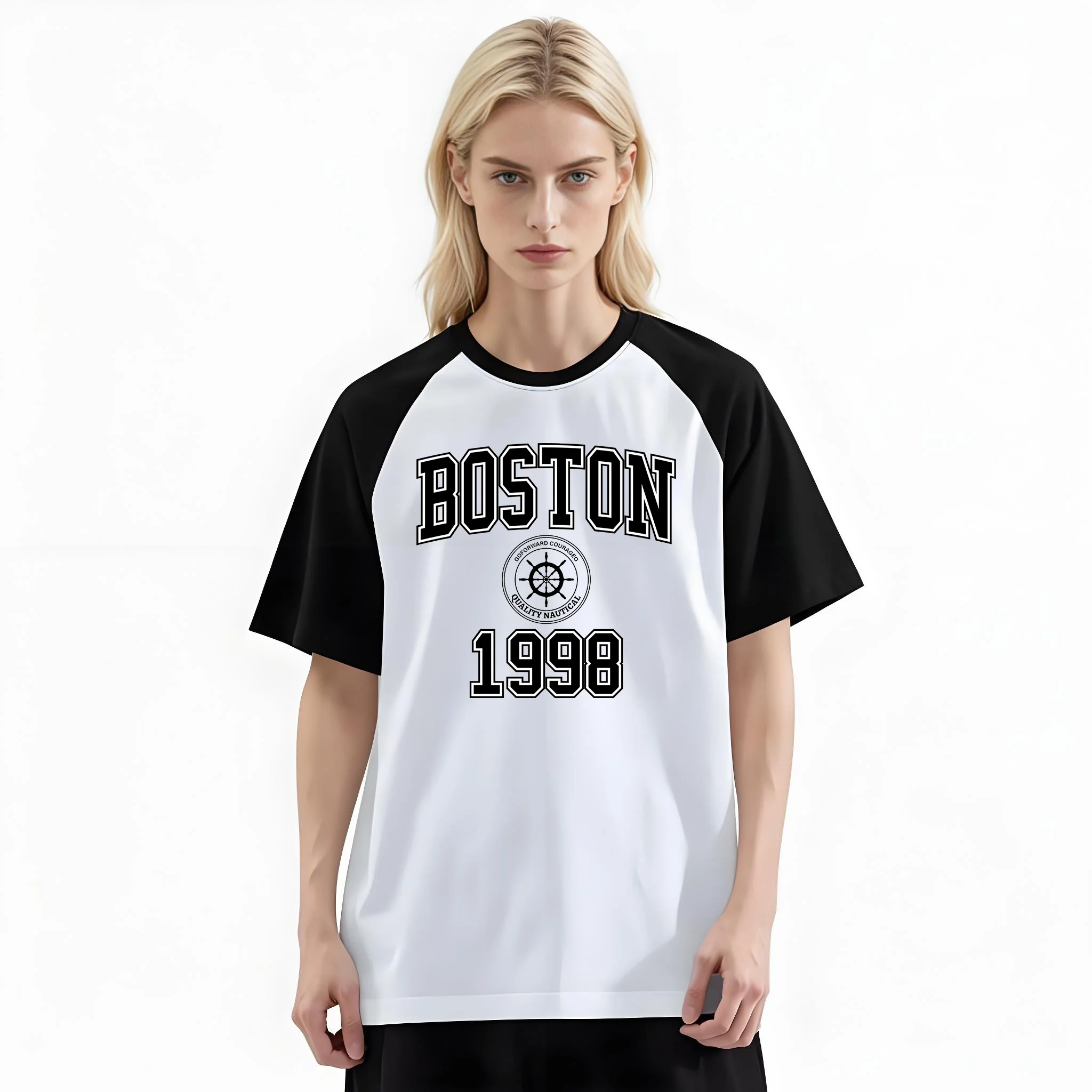 Women'S Fashion Raglan Sleeve T-Shirt, Vintage Boston 1998 Nautical Ship Wheel Varsity Text Printed, Summer Casual Comfortable Tee, Women'S Everyday Short-Sleeve Top