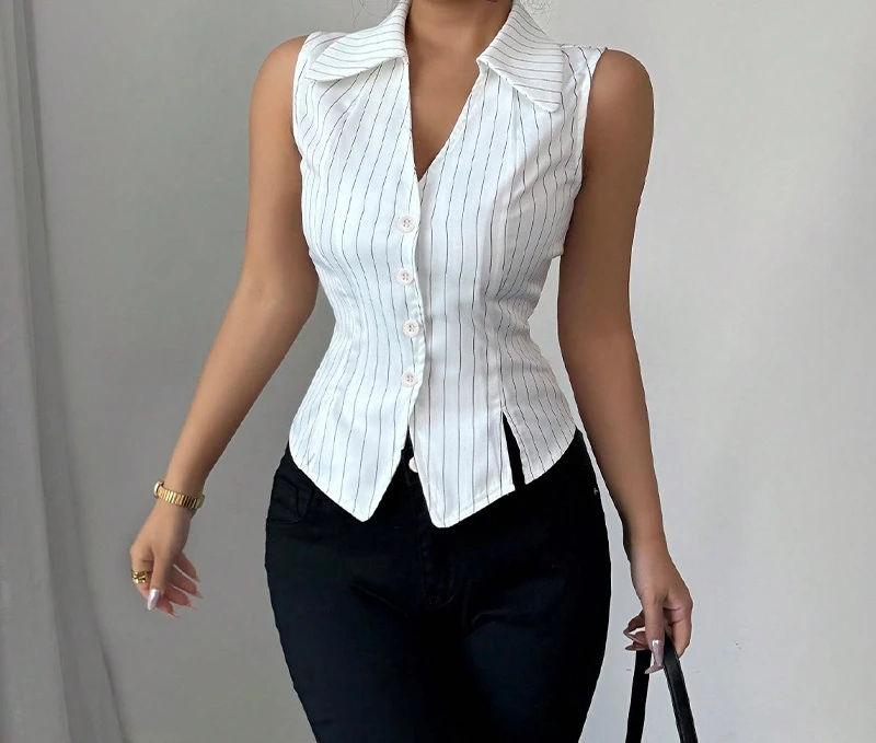 2025 Summer New Style Striped Sleeveless Shirt with Collar and Slim Fit Top for Women
