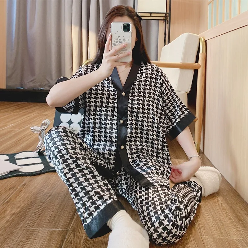 

Ice Silk Pajamas Women's Summer Short-Sleeved Long Pants Cartoon Nightwear Cardigan Green Letter Homewear Suit Ladies Sleepwear