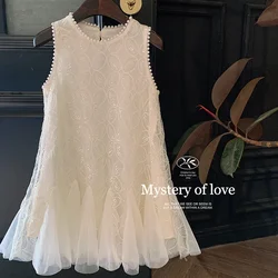 Kids Girlnew Summer Princess Dress Korean Style Round Neck Sleeveless Solid Color Sequined Vest Dresses Children Clothing H23229