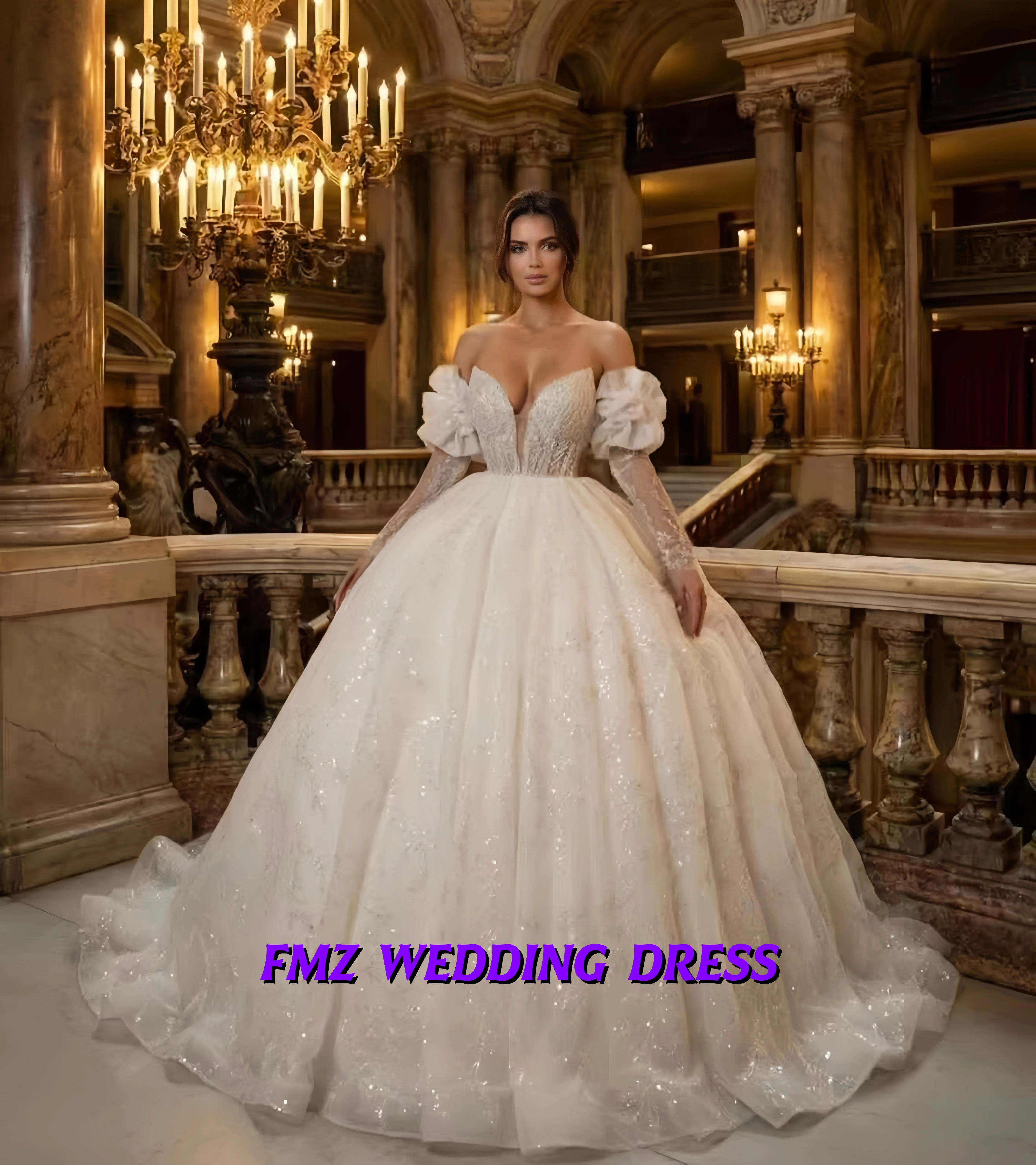 

Индивидуальный пошив роскошного свадебного платья с V-образным вырезом, длинными рукавами, в стиле бального платья, блестящее свадебное платье, свадебные платья, vestidos de novia