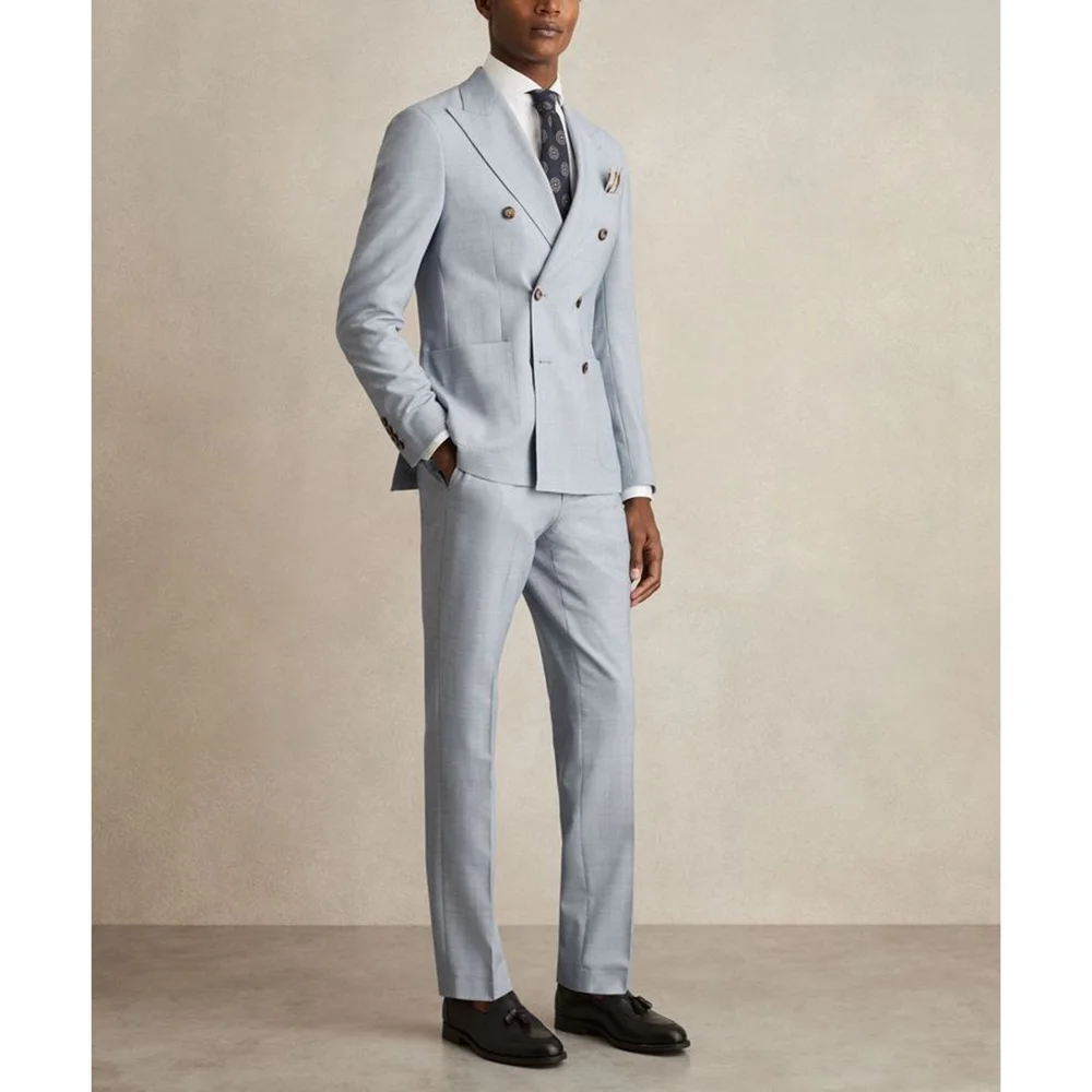 

Simple Light Grey Double Breasted Peaked Lapel Men Suits 2 pieces (Jacket+Pants) Wedding Evening Party Sets Formal Event Suits