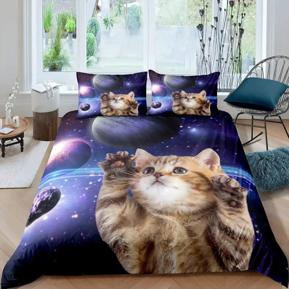 

Galaxy Cat Duvet Cover Universe Galaxy for Kids Boy Girl Cute Kitten Printed Outer Space Planets Quilt Cover Bedroom Decorations