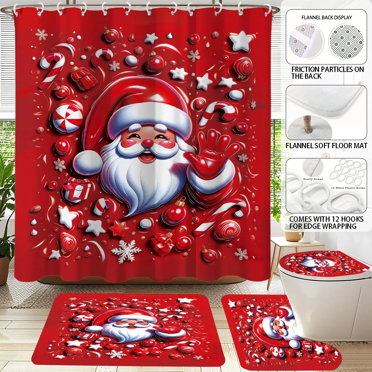 Christmas Shower Curtain Red Santa Claus Gingerbread Man Print, Quick-dry Durable Waterproof Bath Curtain for New Year Christmas