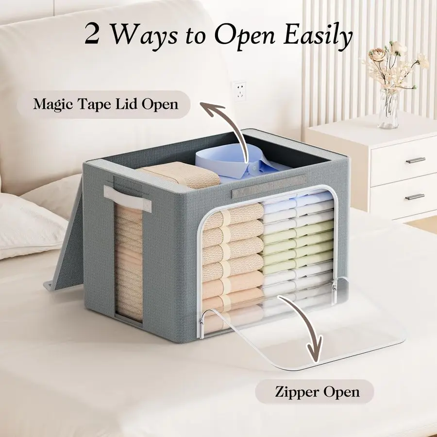 Clothes Storage Bins with Metal Frame, 40L Foldable Clothing Storage Bins with Lid, Stackable Zippered Clothes Storage Bags, Oxf