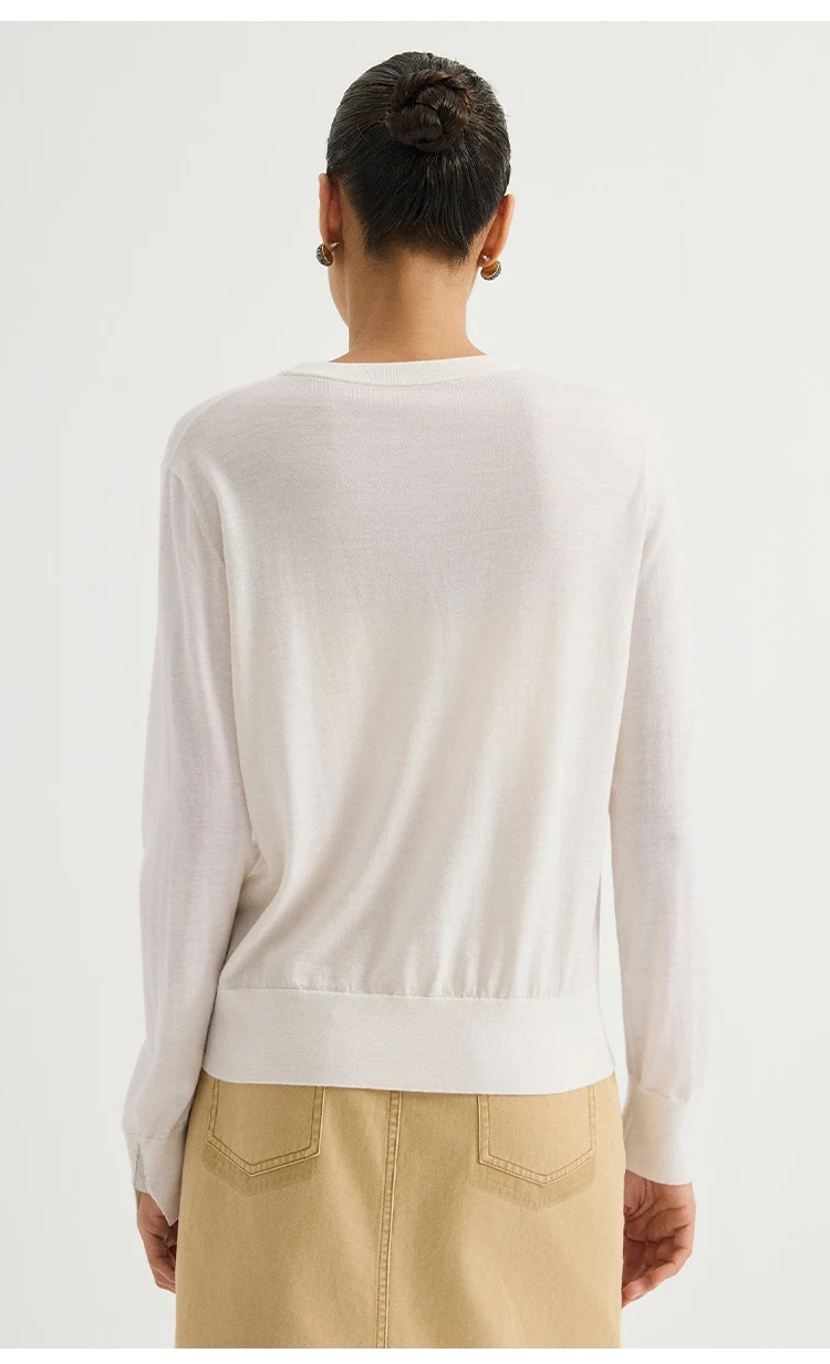 BY3621740 Damen-Pullover mit Rundhalsausschnitt, 100% Wolle, Feinstrick, Langarm, Manschettenschlitz, Kettenabzeichen, entspannte Passform, Bürokleidung, Frühherbst – Detail 6