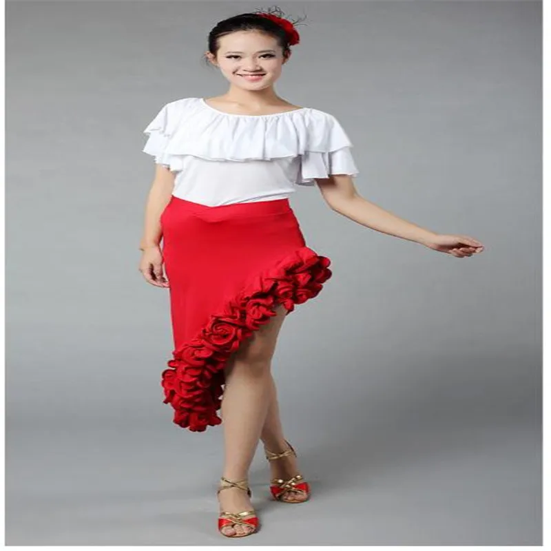 Nueva falda de baile latino con reborde para mujer, esmoquin para mujer, Falda de baile latino con espina de pescado, traje de baile moderno Cha color Rojo