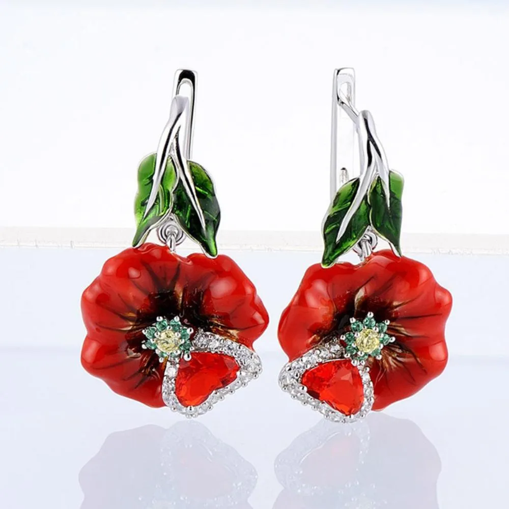 Boucles d'oreilles pendantes romantiques rétro micro-incrustées de zircon 5A, motif fleur de pavot rouge émaillée, pour femme, mariée, fête de mariage, cadeau de bijoux