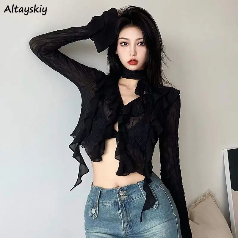 

Black Long Sleeve Shirts Women Chic Ruffles Sexy Crop Tops Charming Gothic Spring Summer Fashion Lovely Female Aesthetic Clothes