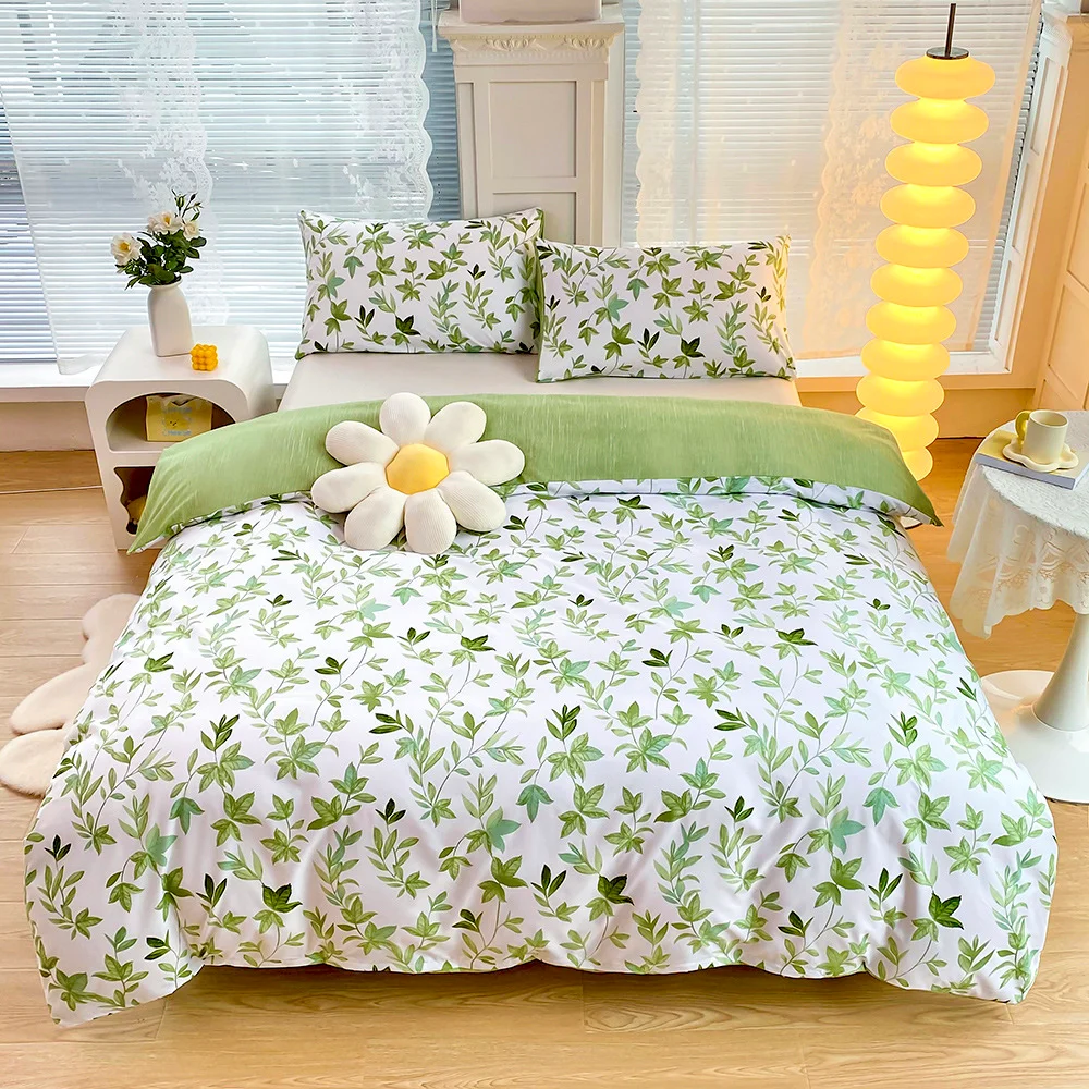 Juego de ropa de cama con estampado de flores verdes, funda de edredón con funda de almohada, edredón nórdico, funda de edredón, cama doble